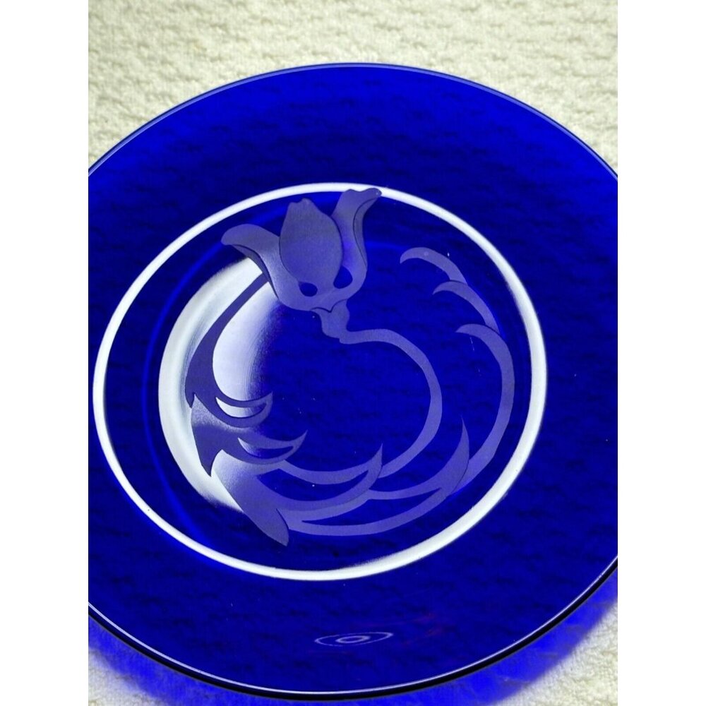 Cobalt Blue Saucer Plate Dish Floral Tulip Etching France 29 Dessert Salad Rare